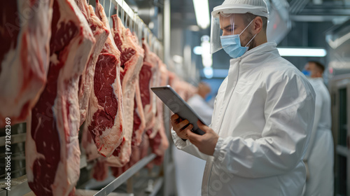 The butcher wearing ppe suit inspects the beef in the curing facility
