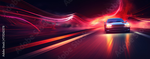 Fast beautiful car in movement with amazing neon lights background photo