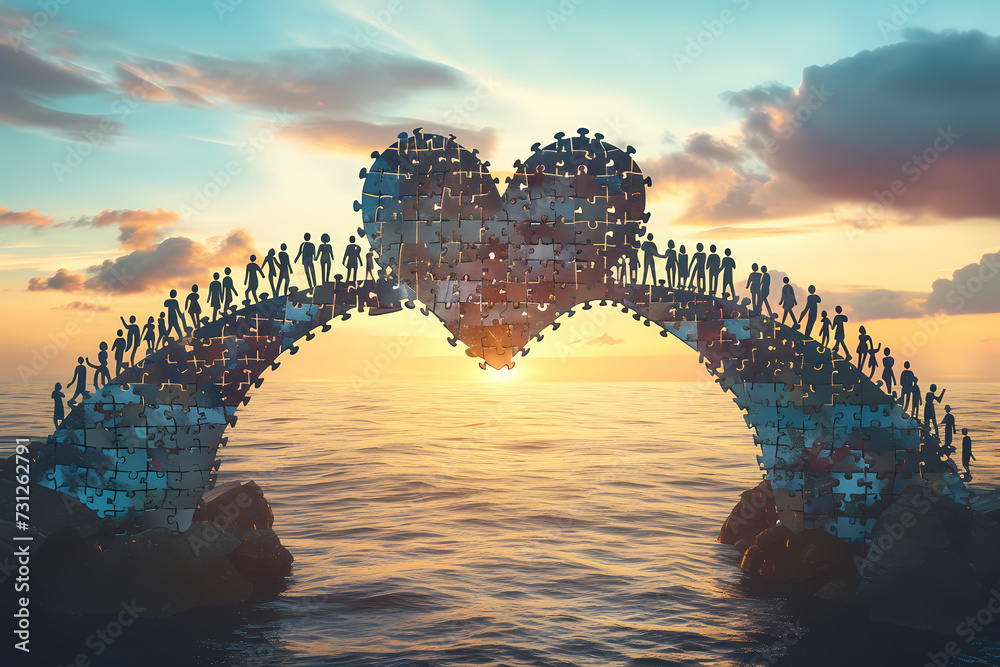 Symbolic bridge, connecting hearts and minds, global unity, puzzle pieces forming a bridge, optimistic and inclusive - obrazy, fototapety, plakaty 