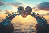 Symbolic bridge, connecting hearts and minds, global unity, puzzle pieces forming a bridge, optimistic and inclusive