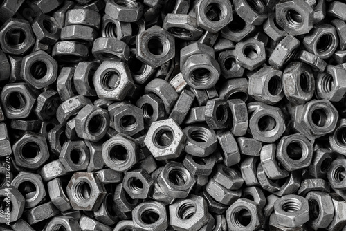 Many metal nuts on background. Chromed screw nuts, closeup, top view. Steel nuts pattern. Tools for work. Black and white