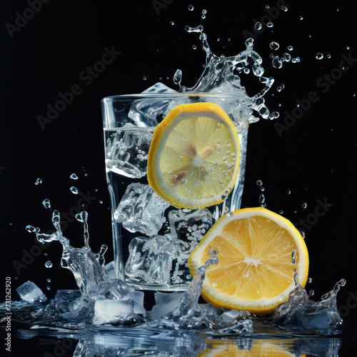 Soda water with ice cubes and sliced lemon