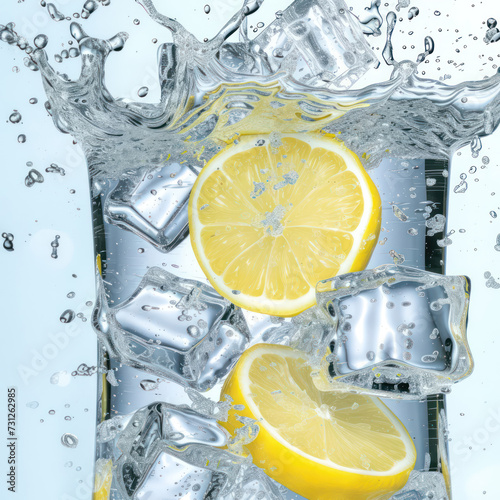 Soda water with ice cubes and sliced lemon