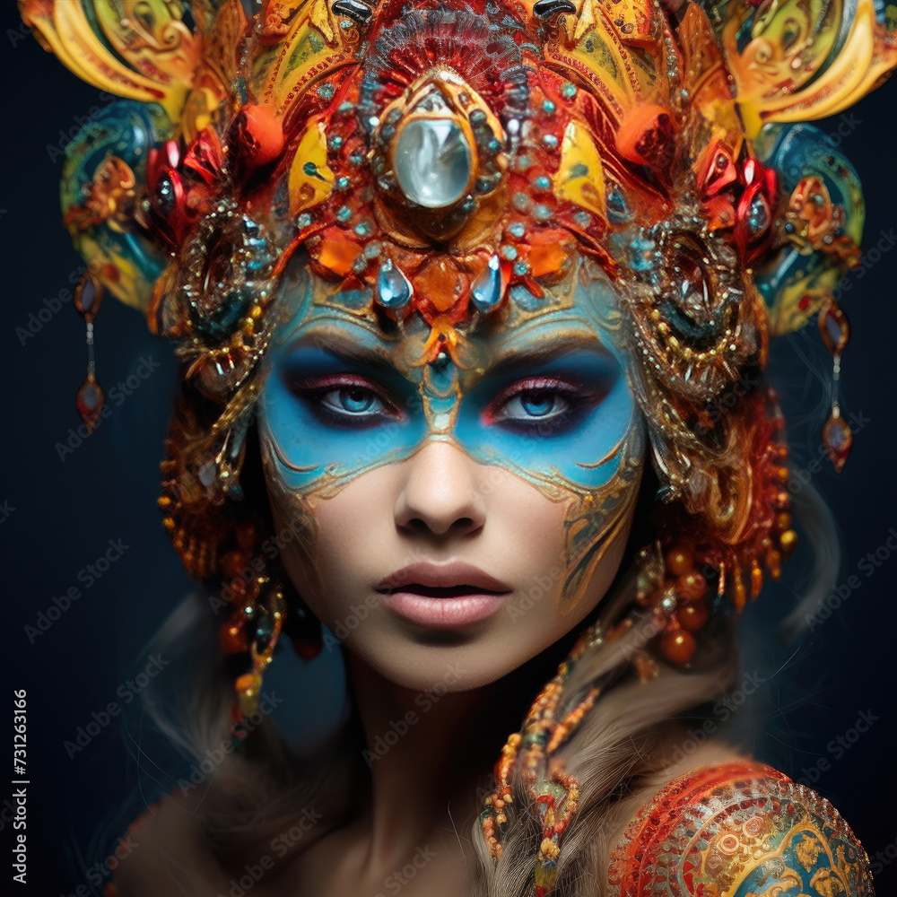 Amazing colourful make-up on beautiful young woman. Make-up for carnival or parade.