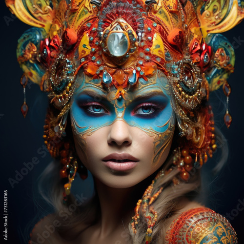 Amazing colourful make-up on beautiful young woman. Make-up for carnival or parade. © Daniela