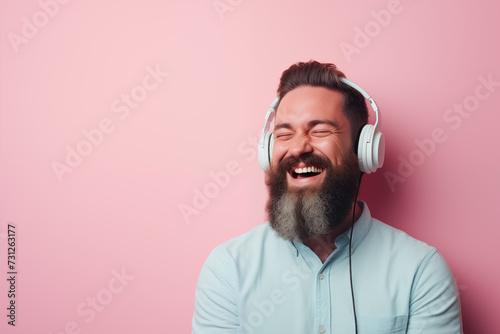 Smiling man with beard listening to music on headphones on simple pastel background