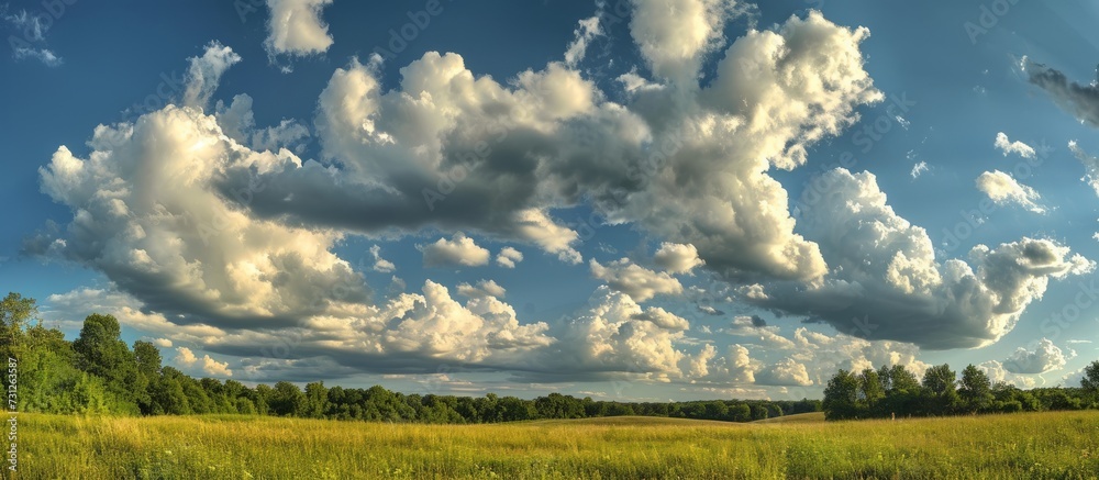 Clouds populate the rural sky over field and woodland. Clouds populate the rural sky over field and woodland.