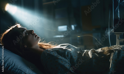A sick patient is lying on a bed in a hospital