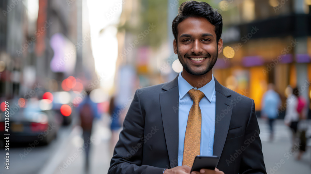 Indian businessman red headband in Manhattan using smartphone