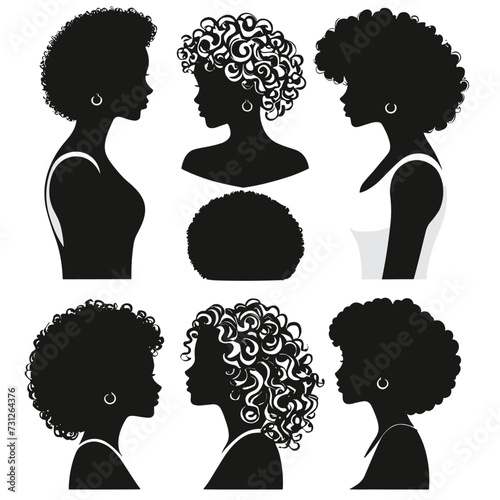 Silhouette profiles of women with various natural curly hairstyles, showcasing diversity and elegance.