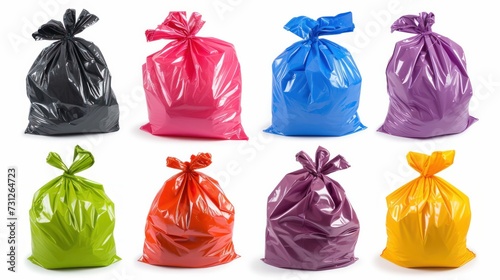 A collage of colored garbage bags isolated on a white background