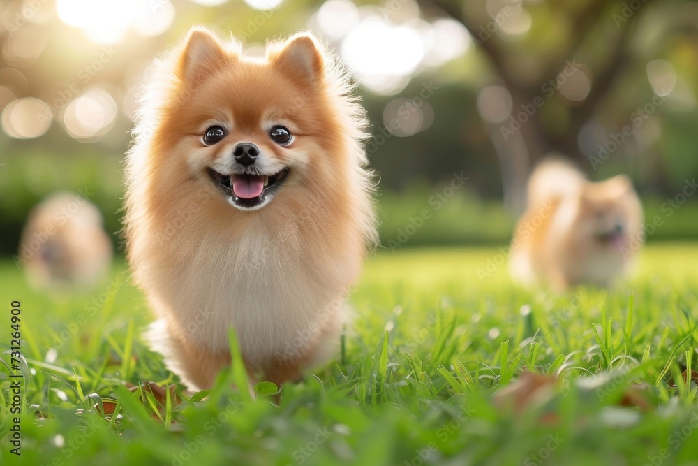 A playful pomeranian frolics through a lush field of green grass, embodying the joy and freedom of being a beloved outdoor pet A playful pomeranian frolics through a lush field of green grass, embodying the joy and freedom of being a beloved outdoor pet
