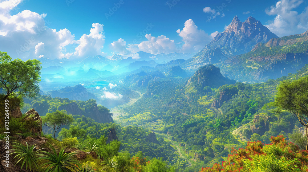 mountain range with the horizon expanding beyond, lush greenery in the foreground, under a bright blue sky with fluffy clouds