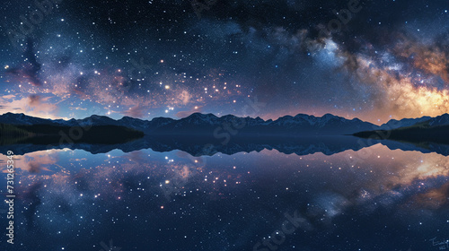 star-filled night sky expanding over a tranquil lake, with a clear reflection of the Milky Way and a silhouette of mountains in the background