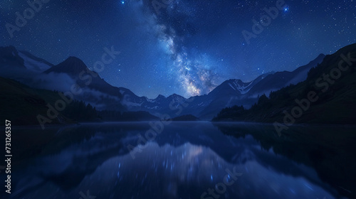 star-filled night sky expanding over a tranquil lake, with a clear reflection of the Milky Way and a silhouette of mountains in the background © Marco Attano