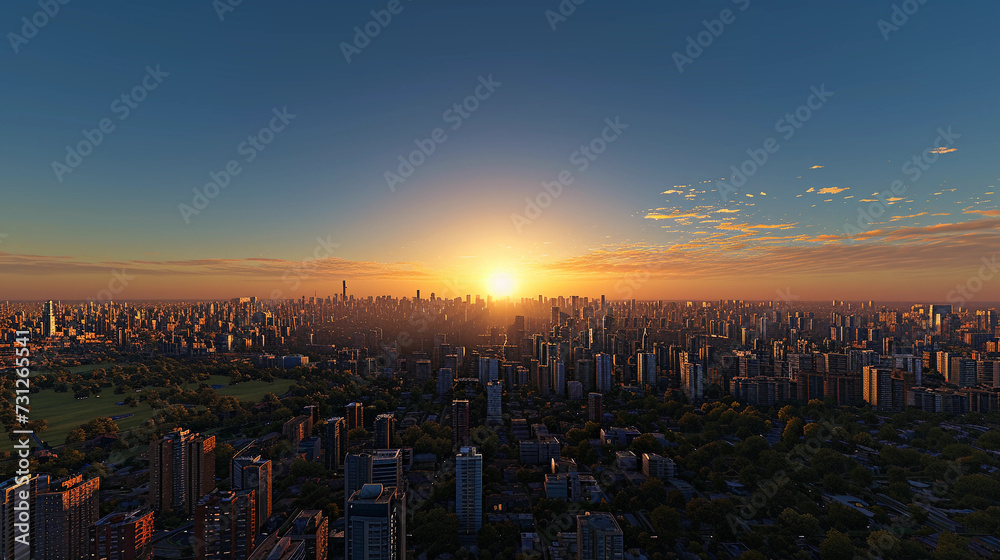 city skyline expanding into the horizon, viewed from a high vantage point at dawn, with skyscrapers bathed in the early morning light