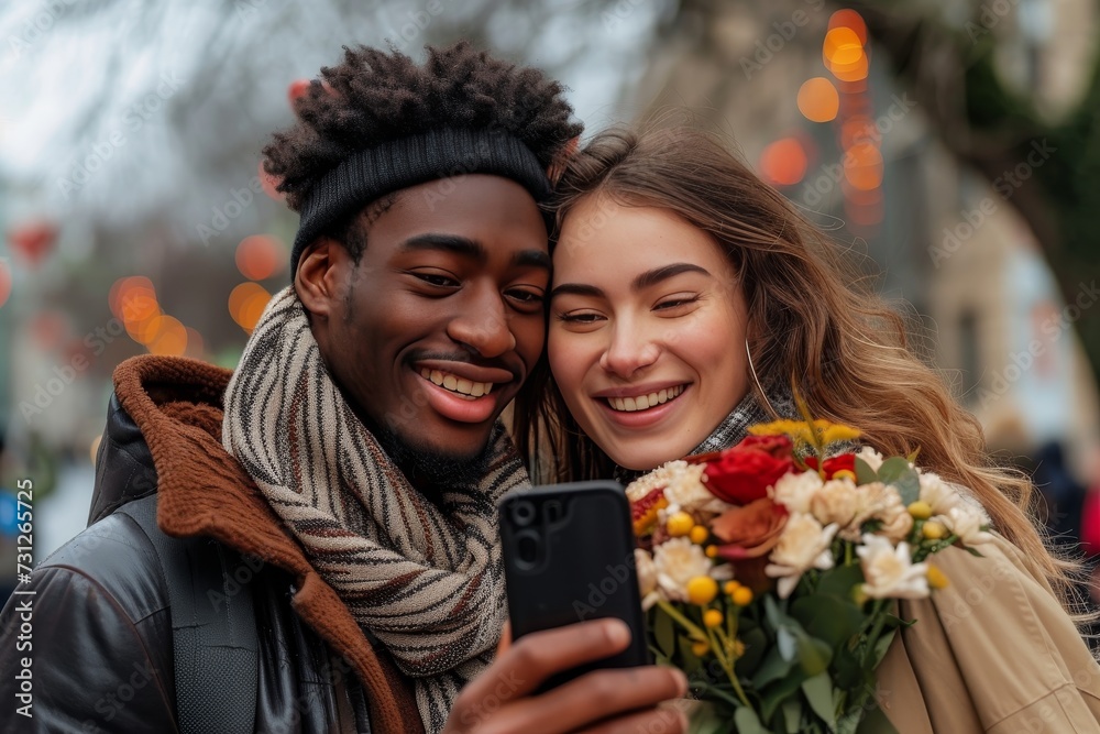 A couple captures a moment of joy and love in a stunning outdoor setting as they pose for a selfie, their beaming faces adorned with a beautiful rose, showcasing their fashion-forward style and genui