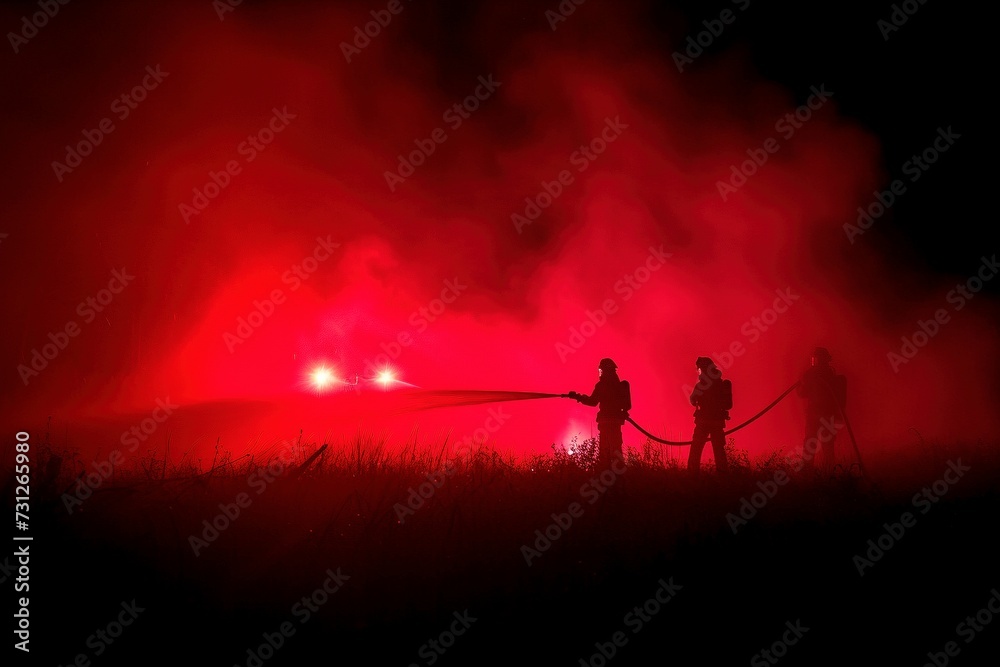 In a dramatic silhouette, firefighters confront the blaze, deploying a colossal hose to combat the flames enveloped in dense red smoke. The dynamic composition, captured from a low angle