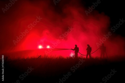 In a dramatic silhouette  firefighters confront the blaze  deploying a colossal hose to combat the flames enveloped in dense red smoke. The dynamic composition  captured from a low angle