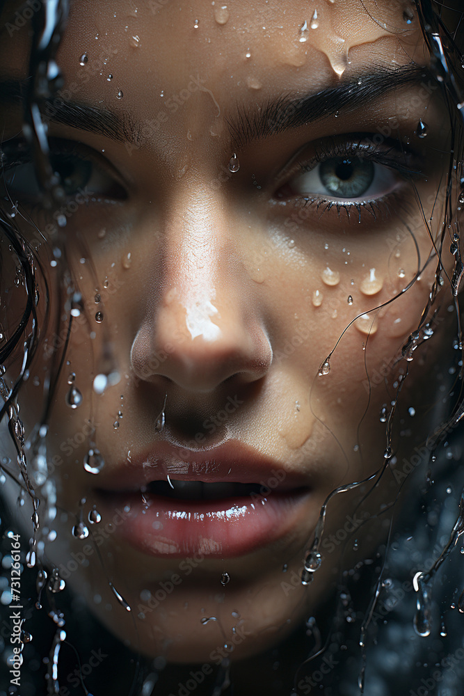 Face of a beautiful woman in raindrops. Streams of water flow down face of beautiful woman. Beauty face. Fashion model and water. Fashion concept.