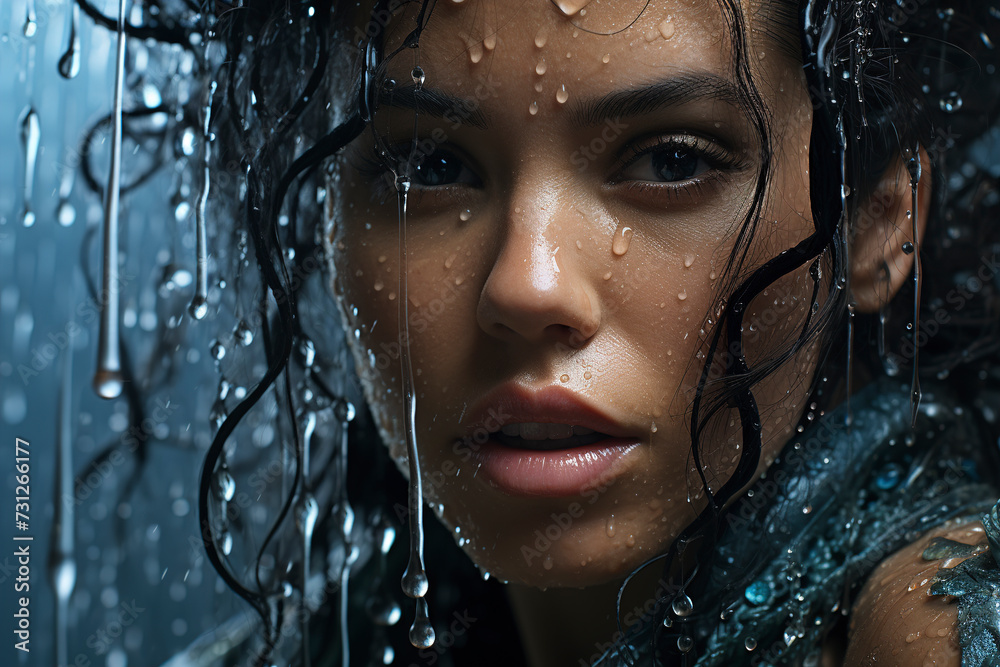 Face of a beautiful woman in raindrops. Streams of water flow down face of beautiful woman. Beauty face. Fashion model and water. Fashion concept.