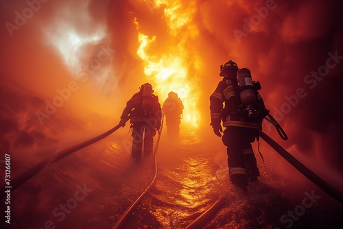 Silhouetted against the inferno, brave firefighters wage war on the fire, directing a powerful hose amidst billowing red smoke. The dynamic composition, shot from a low angle, intensifies the urgency