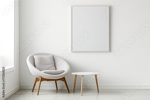 Minimalist White Room with Canvas  Armchair  and Round Table