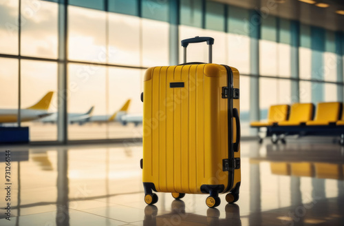 Yellow suitcase in airport terminal. Travel concept. 