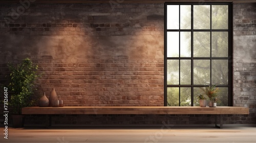 Spacious floor to ceiling window on concrete wall with wooden sill. Stylish loft industrial interior with brick and dark background. Ideal for adding text.