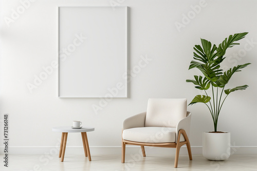 Minimalist White Room with Blank Canvas, Armchair, and Potted Plant