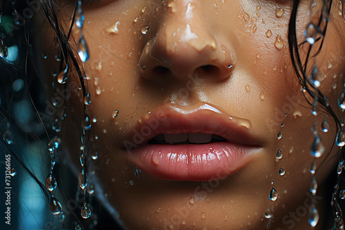 Face of a beautiful woman in raindrops. Streams of water flow down face of beautiful woman. Beauty face. Fashion model and water. Fashion concept.