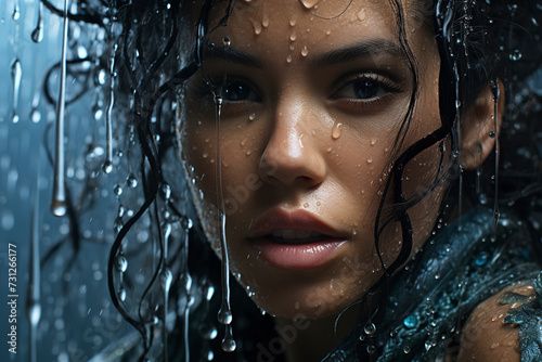 Obraz na płótnie Face of a beautiful woman in raindrops. Streams of water flow down face of beautiful woman. Beauty face. Fashion model and water. Fashion concept. w salonie