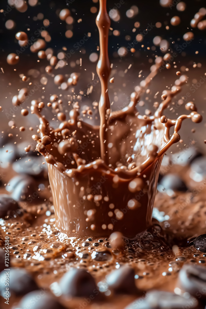 Splash of chocolate in a cup on a dark background, close-up. 