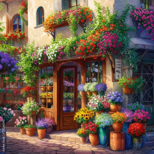 Flower shop. Bouquets and flowerpots. AI generative.