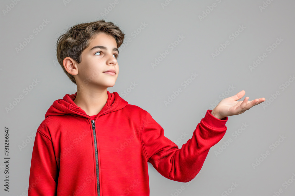 Presenting Brunette Boy in Red Casual Wear Presenting Brunette Boy in Red Casual Wear