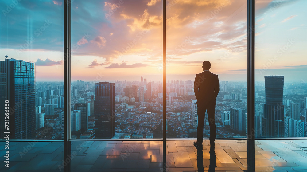 executive office, standing beside a large window overlooking the city skyline, symbolizing vision and ambition, highly detailed urban view executive office, standing beside a large window overlooking the city skyline, symbolizing vision and ambition, highly detailed urban view