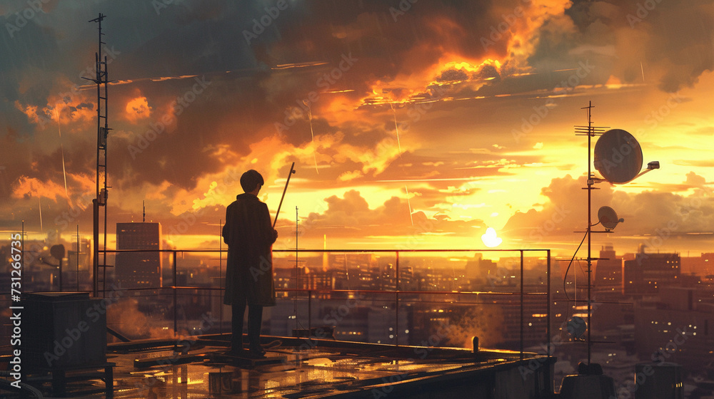 meteorologist standing on a rooftop, with a sprawling cityscape in the background, holding a weather vane, dramatic clouds gathering overhead, as the sun sets casting a golden hue over the scene, conv - obrazy, fototapety, plakaty 