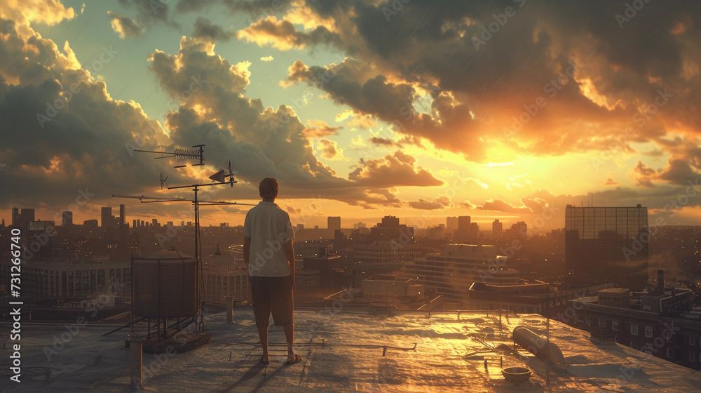 meteorologist standing on a rooftop, with a sprawling cityscape in the background, holding a weather vane, dramatic clouds gathering overhead, as the sun sets casting a golden hue over the scene, conv - obrazy, fototapety, plakaty 