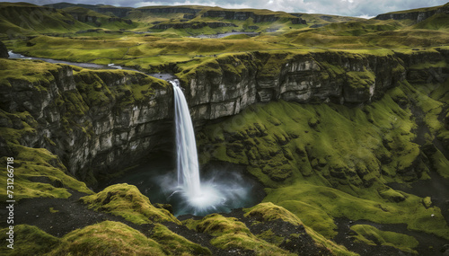 Scenic view of waterfall in Iceland surrounded by grassy meadows. Travel and adventure concept.