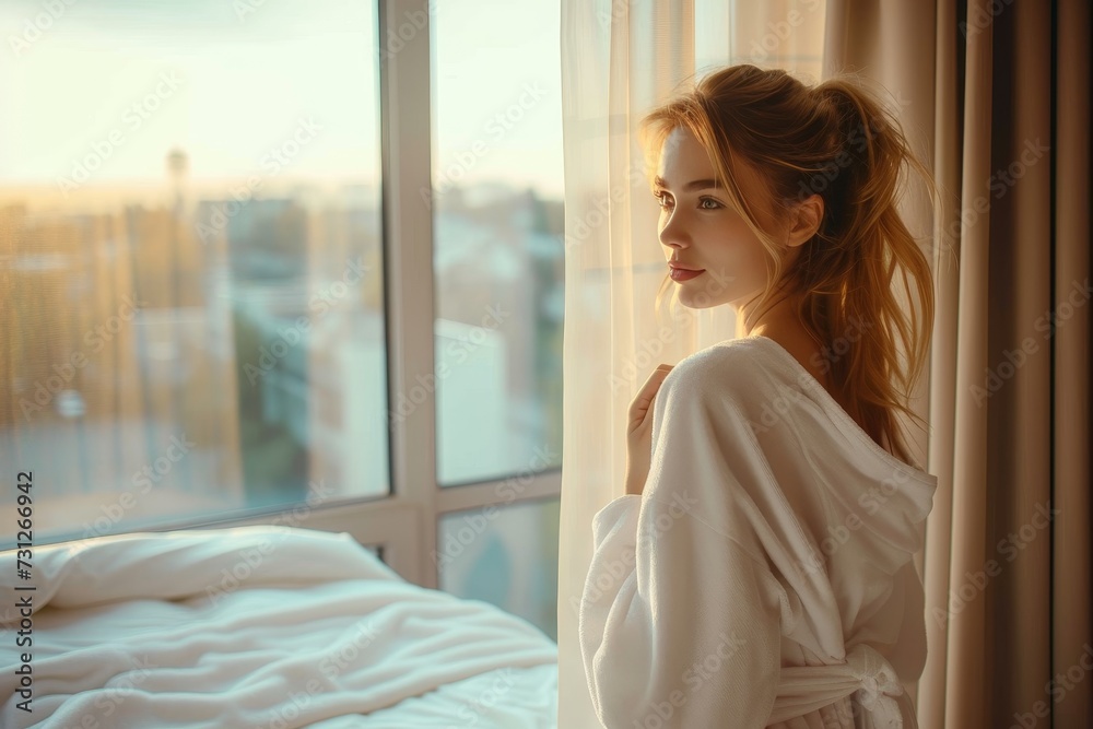 A contemplative woman gazes out of an indoor window in her boudoir, her robe draping elegantly as she stands against the wall, lost in thought