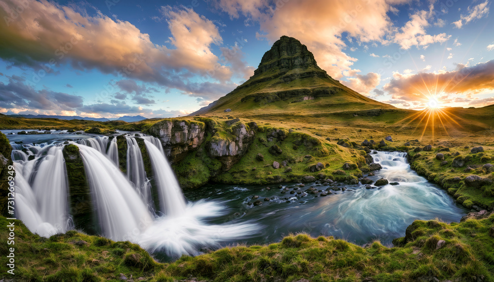 Scenic view of waterfall in iceland at sunset on a beautiful green cayon. Travel and adventure concept.