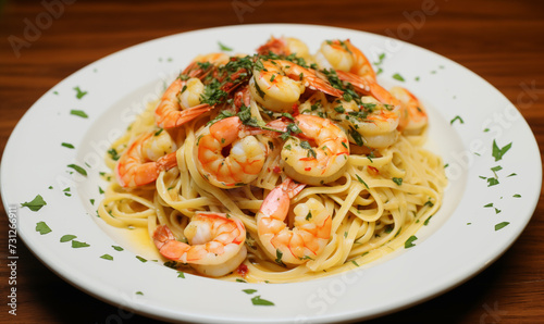 shrimp scampi served over fettucini with spices and seasonings