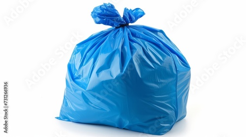 A blue garbage bag filled with trash, isolated on a white background