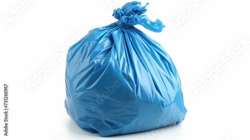 A blue garbage bag filled with trash, isolated on a white background