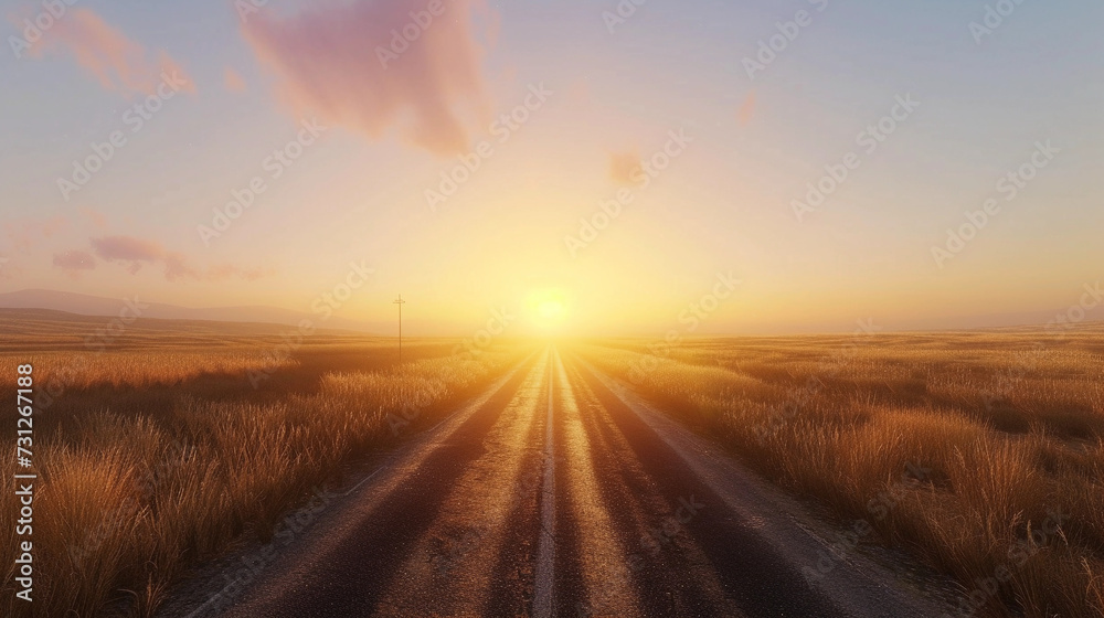 open road expanding into the horizon, surrounded by golden wheat fields under a radiant sunset sky
