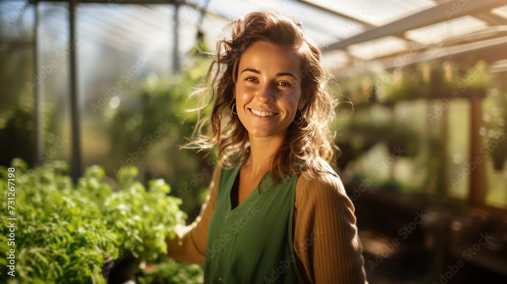Fashionable young woman gardener in an advanced greenhouse with lush plants Fashionable young woman gardener in an advanced greenhouse with lush plants