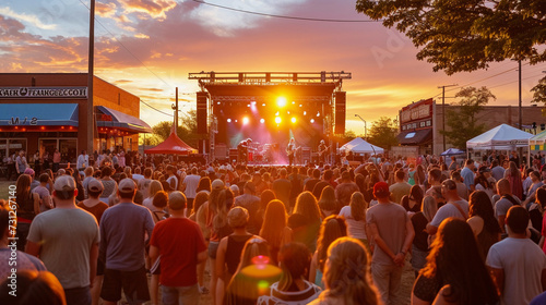 bustling outdoor music festival at sunset, crowds of people, vibrant stage lights, and a live band performing energetically