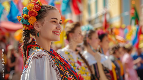 street festival in a historical city center, colorful decorations, performers in traditional costumes, joyful crowd, street food vendors