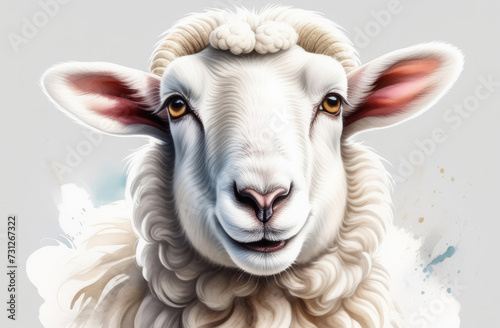 Watercolor Sheep Farm Animal Portrait Painted Illustration © Irina