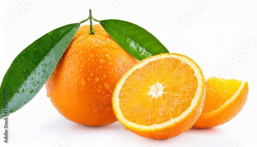 orange fruit isolate wet orange fruit with drops whole orang with slice and leaf on white background full depth of field